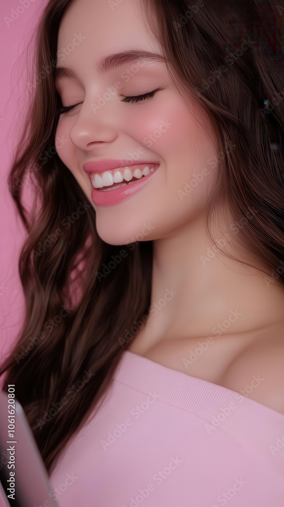 Joyful young woman smiles while holding a device, showcasing happiness and positivity against a soft pink background. Joyful young woman smiles while holding a device, showcasing happiness and positivity against a soft pink background.