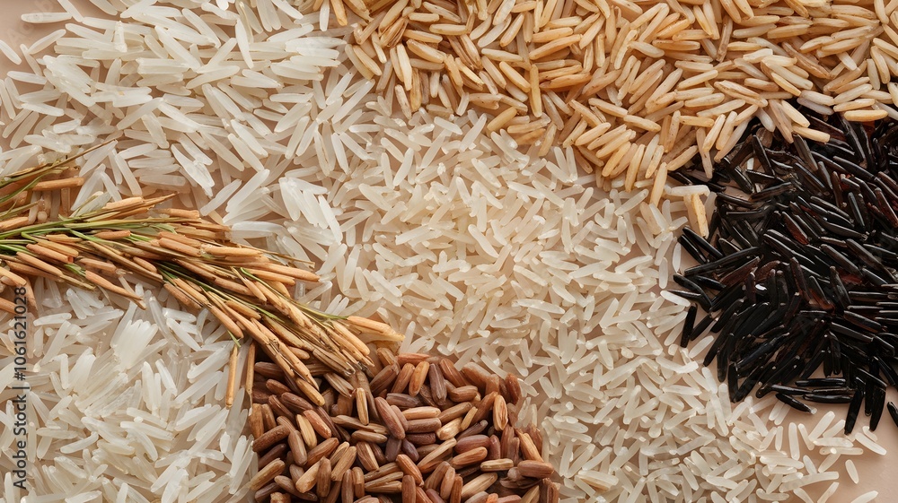 Background of long, short-grain white, brown, and black rice in circular pattern on beige background Background of long, short-grain white, brown, and black rice in circular pattern on beige background
