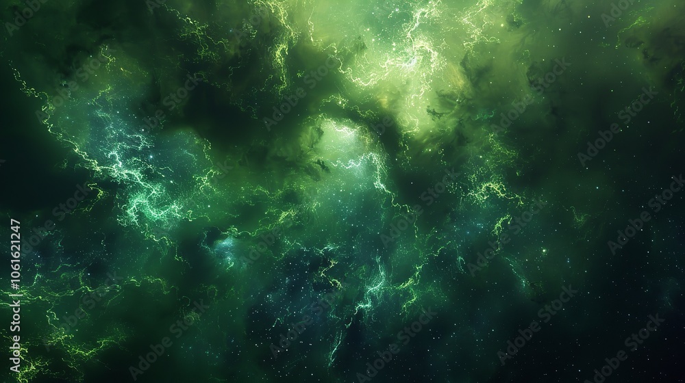 Fototapeta premium Green Nebula Space Background, 8K Realistic Lighting