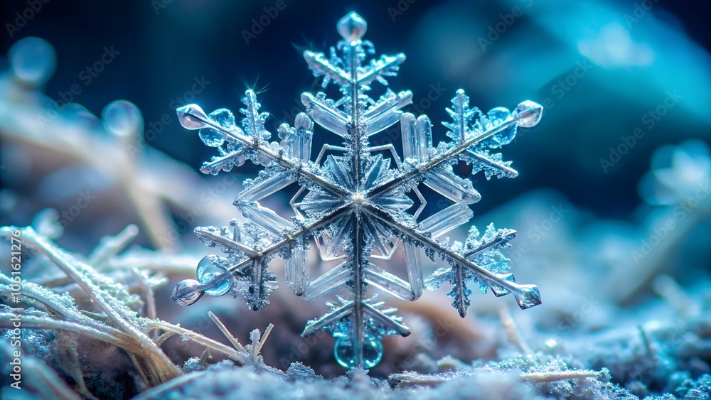 Macro shot of a detailed, symmetrical snowflake resting on a frosty surface, capturing the beauty and complexity of winter's natural patterns. Macro shot of a detailed, symmetrical snowflake resting on a frosty surface, capturing the beauty and complexity of winter's natural patterns.