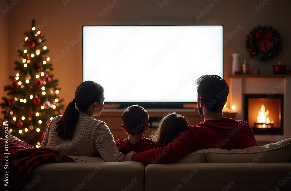 A family relaxes together on Christmas night, watching TV with a blank screen that provides space for customizable text, surrounded by a Christmas tree, fireplace, and cozy holiday decorations. A family relaxes together on Christmas night, watching TV with a blank screen that provides space for customizable text, surrounded by a Christmas tree, fireplace, and cozy holiday decorations.