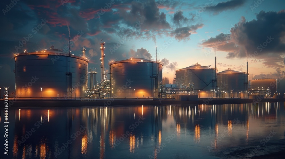 Fototapeta premium Illuminated oil refinery with towering steel tanks pipes and chimneys reflecting on the calm surface of a lake at dramatic sunset