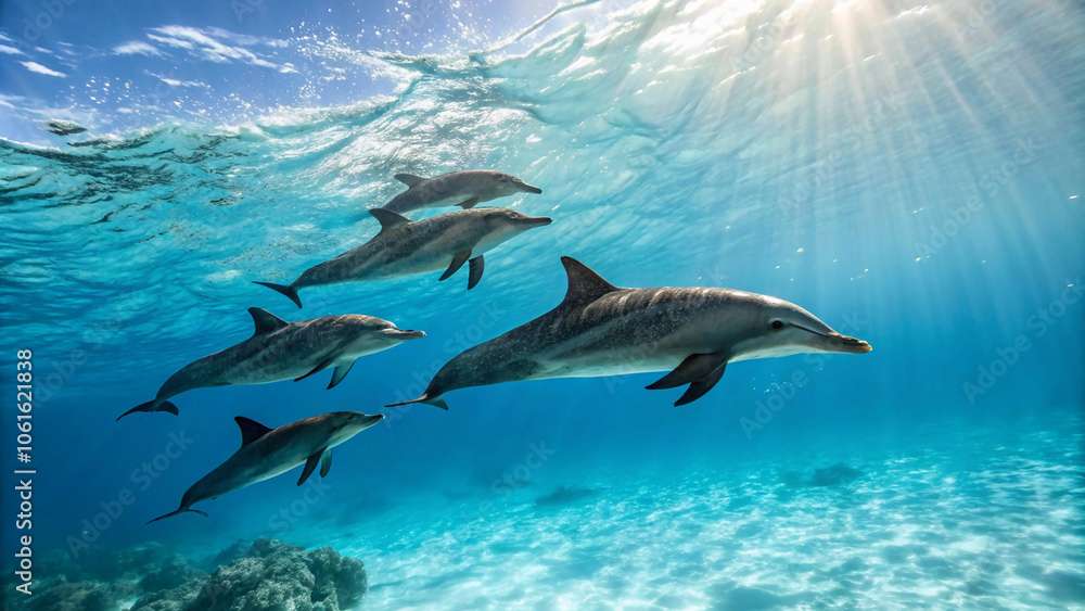 Obraz premium dolphins swimming gracefully in clear blue ocean water