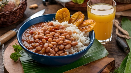 Bowl of beans and rice with fried plantains and orange juice