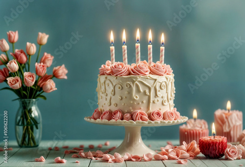 Torta di compleanno di ispirazione vintage con decorazioni floreali e ambiente a lume di candela photo