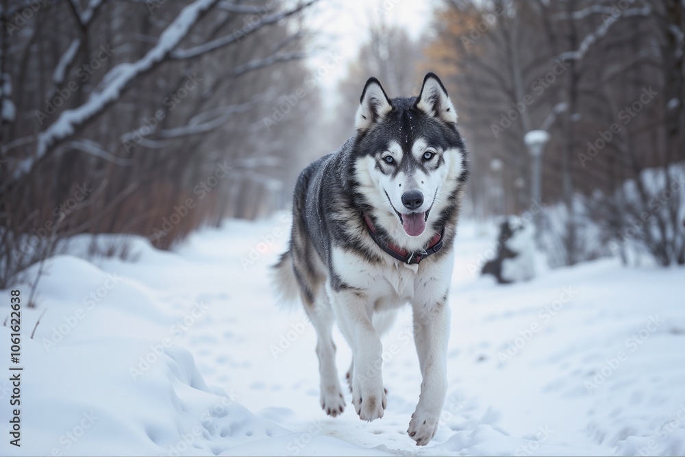 Husky with thick black and white fur in a winter park on a walk. Peaceful winter atmosphere under a cloudy sky. Husky with thick black and white fur in a winter park on a walk. Peaceful winter atmosphere under a cloudy sky.