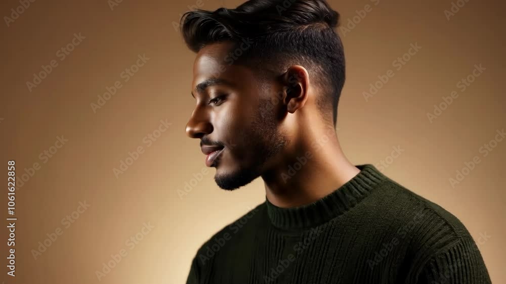 Stylish young man with modern hairstyle in green sweater on warm background Stylish young man with modern hairstyle in green sweater on warm background