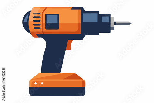 Side view of an orange cordless drill isolated on white background