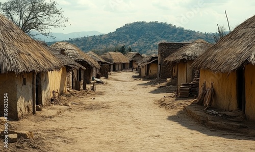 Dusty path between thatched-roof huts.