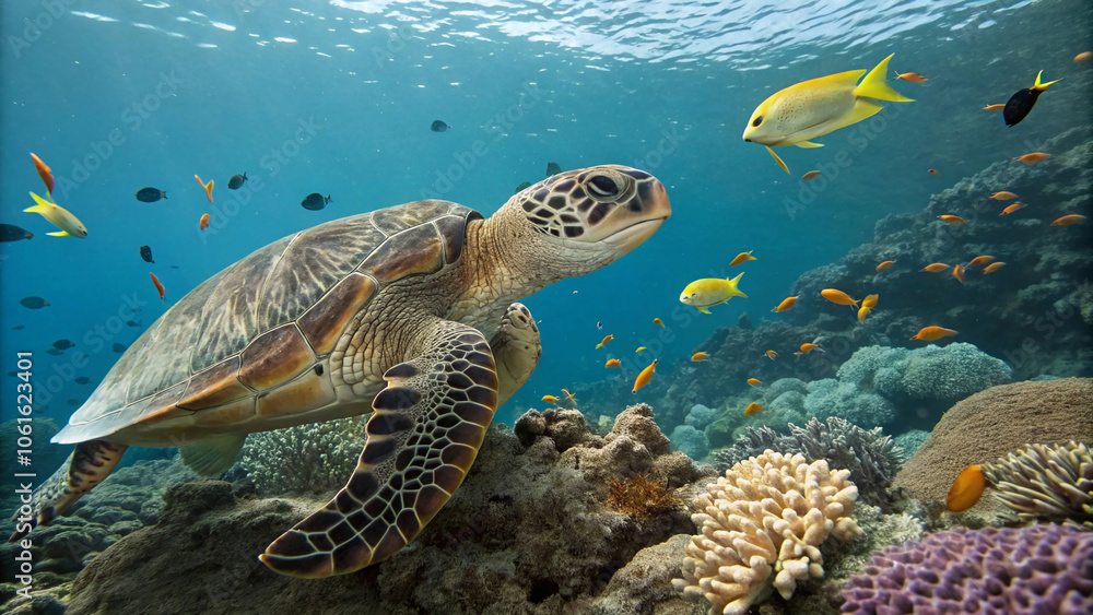 Fototapeta premium sea turtle swimming near a coral reef with colorful fish around