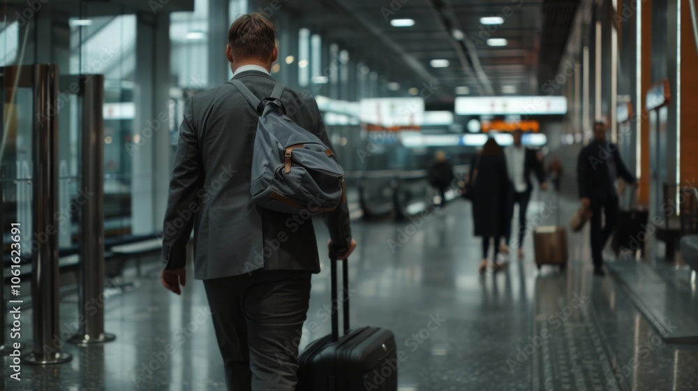 Fototapeta premium A man in a suit walks through a modern airport terminal, epitomizing the energy and motion of travel and business journeys.
