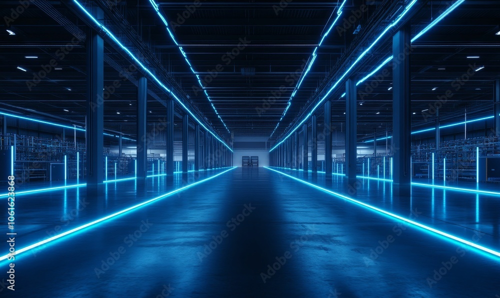 Blue neon lights illuminate a long, empty warehouse. Blue neon lights illuminate a long, empty warehouse.