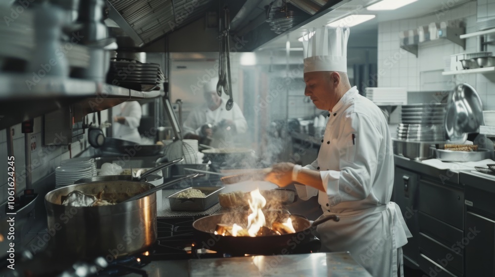 In a bustling kitchen, chefs deftly handle fiery pans, showcasing their culinary expertise in an atmosphere of focused energy. In a bustling kitchen, chefs deftly handle fiery pans, showcasing their culinary expertise in an atmosphere of focused energy.