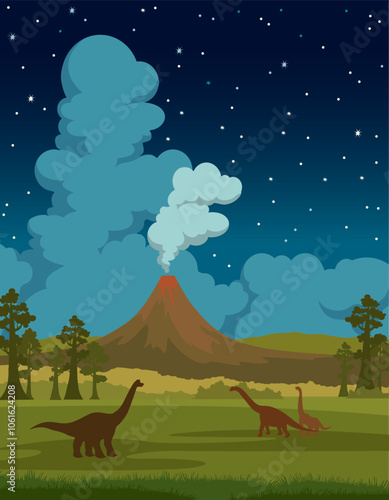 Prehistoric landscape with forest, erupting volcano, smoke clouds, trees and dark night sky with stars. Cartoon vector illustration with silhouette of dinosaurs on the Jurassic period.