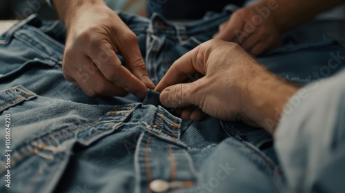 Hands working together, meticulously stitching denim fabric, showcasing craftsmanship, collaboration, and detailed attention to artisanal work.