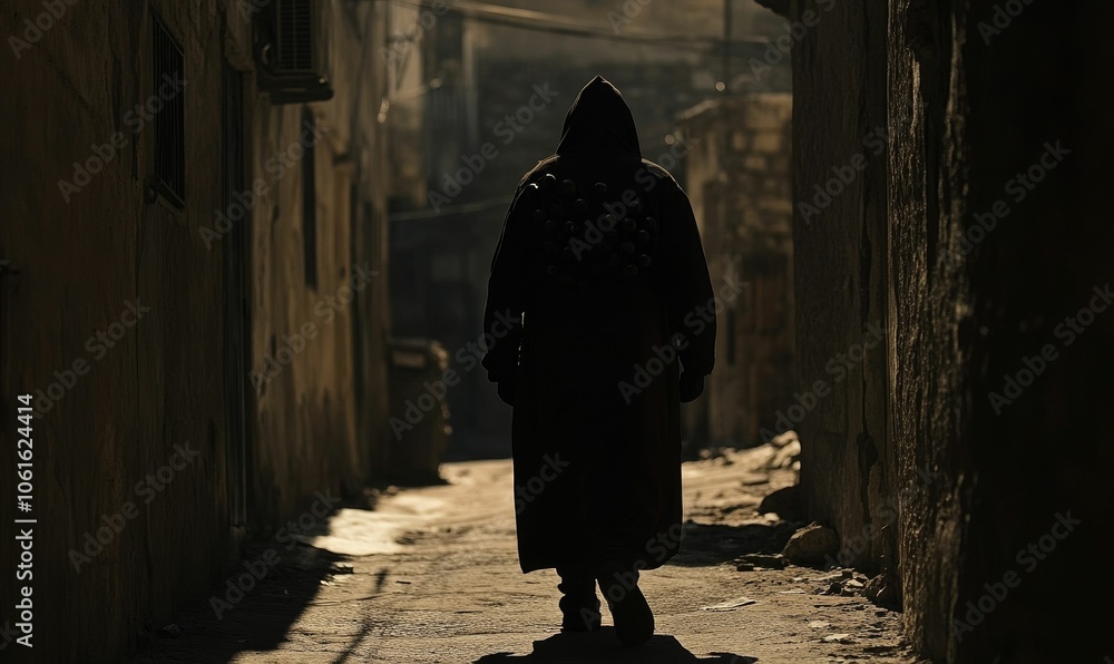 Hooded figure walks through dark alley. Hooded figure walks through dark alley.