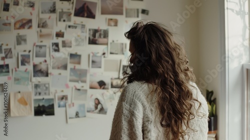 A woman stands gazing at a wall collage of photographs, enveloped in a cozy sweater, deep in contemplation of memories and dreams captured in images.