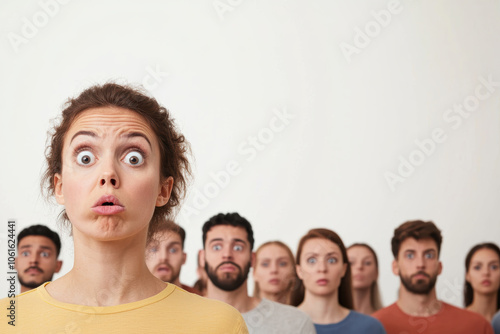 A crowd of confused people looking around, A surprised woman stands in front of an attentive audience, expressing shock while others look on with curiosity.