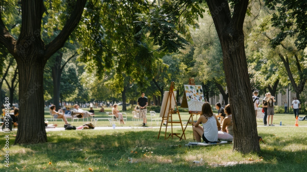A peaceful park alive with art, people engaging in creativity and leisure under a sun-dappled canopy of trees. A peaceful park alive with art, people engaging in creativity and leisure under a sun-dappled canopy of trees.