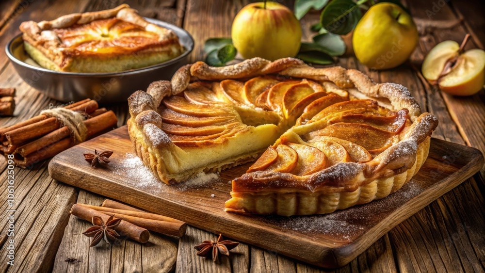 A slice of apple pie with a flaky crust and a dusting of powdered sugar, surrounded by cinnamon sticks and star anise on a rustic wooden table A slice of apple pie with a flaky crust and a dusting of powdered sugar, surrounded by cinnamon sticks and star anise on a rustic wooden table
