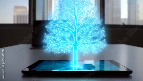 Holographic tree emerging from a digital tablet.