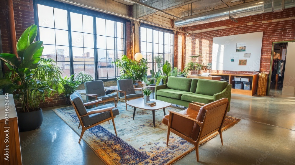 Bright loft office setup with Scandinavian-inspired furniture, greenery, and exposed brick walls. Natural light fills the space through large industrial windows. Bright loft office setup with Scandinavian-inspired furniture, greenery, and exposed brick walls. Natural light fills the space through large industrial windows.