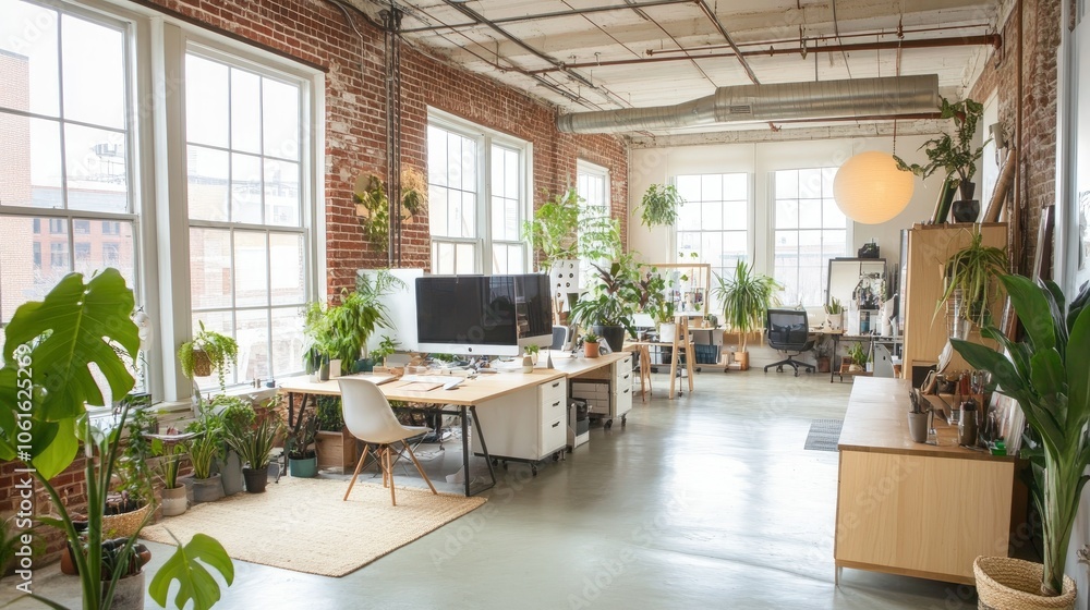 Bright loft office setup with Scandinavian-inspired furniture, greenery, and exposed brick walls. Natural light fills the space through large industrial windows. Bright loft office setup with Scandinavian-inspired furniture, greenery, and exposed brick walls. Natural light fills the space through large industrial windows.