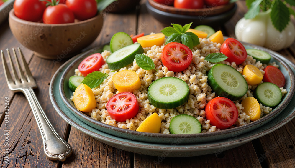 Vibrant salad with fresh vegetables and herbs on rustic wooden background Vibrant salad with fresh vegetables and herbs on rustic wooden background
