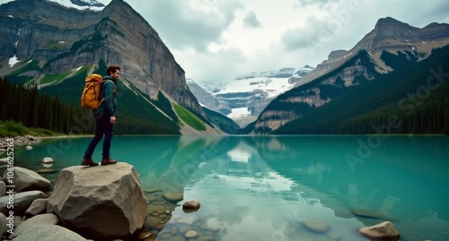 Wanderer near Banff National Park, Canada, deep emerald and teal tones, gravity-defying landscapes captured in 8k with Hasselblad X1D. photo