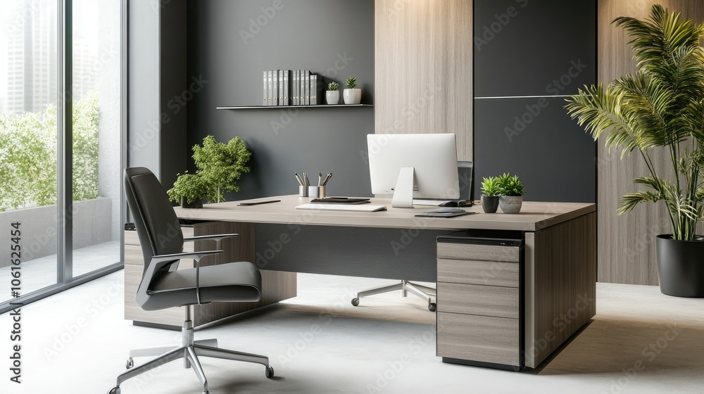 Fototapeta premium Contemporary office desk with sleek decor, a computer, and small succulents. The organized layout and minimal decor emphasize productivity. -