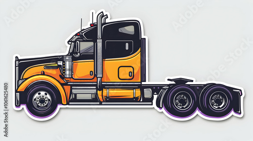 A cartoon illustration of a semi-truck with three axles and a yellow cab. The cab has a black top with dual exhaust stacks. photo