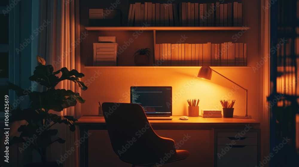 Cozy office nook with a desk, ergonomic chair, small potted plant, and modern laptop. Soft, ambient lighting adds warmth to the workspace. Cozy office nook with a desk, ergonomic chair, small potted plant, and modern laptop. Soft, ambient lighting adds warmth to the workspace.