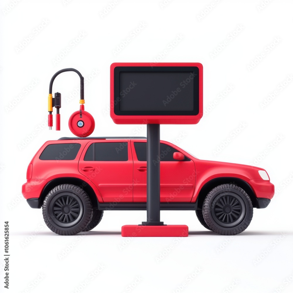 A vibrant red toy SUV stands beside a bright red service sign with tools, emphasizing automotive maintenance and playful design.