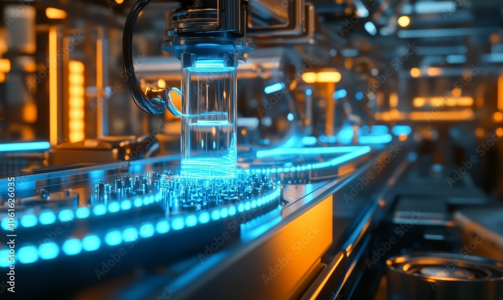 Automated factory with blue glowing liquid. Automated factory with blue glowing liquid.