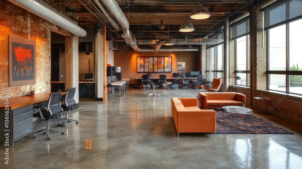 Industrial loft office with a polished concrete floor, pendant lighting, and a lounge area. Desks are arranged with a focus on open collaboration. Industrial loft office with a polished concrete floor, pendant lighting, and a lounge area. Desks are arranged with a focus on open collaboration.