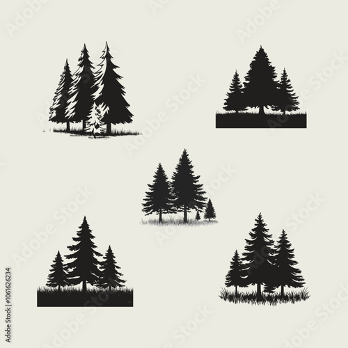 Pine tree silhouette vector white and black color tree set silhouette.