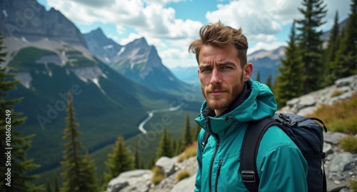 Climber male model at Banff National Park, Canada, in tranquil indigos and turquoises, nature-inspired camouflage captured in high resolution with Hasselblad X1D. photo