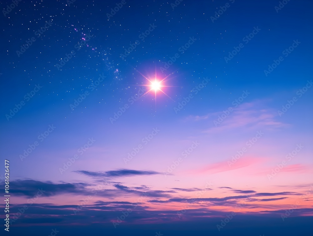 Naklejka premium A single bright star shining in the twilight sky with soft colors of blue and purple to create a calming and inspiring nighttime atmosphere