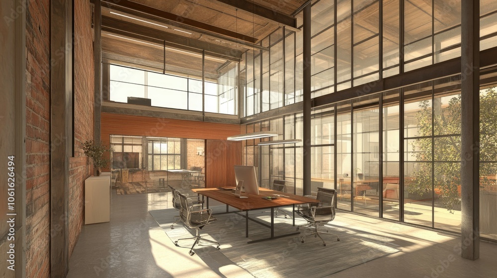 Open loft office space with a glass-walled meeting room, high ceilings, and a mix of vintage and modern furniture. Large windows flood the room with natural light. Open loft office space with a glass-walled meeting room, high ceilings, and a mix of vintage and modern furniture. Large windows flood the room with natural light.