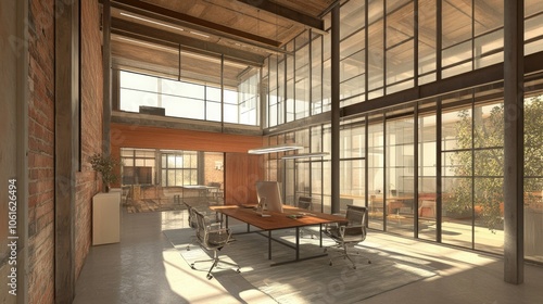 Open loft office space with a glass-walled meeting room, high ceilings, and a mix of vintage and modern furniture. Large windows flood the room with natural light.