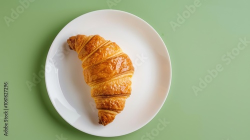 Croissant on a white plate on a green background. The picture shows the concept of breakfast. photo