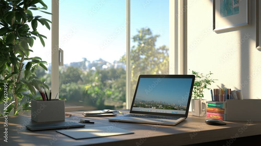 Fototapeta premium Well-organized desk with a laptop, notepad, and pen, set against a large window. Simple, clean decor makes it a perfect spot for focused work.
