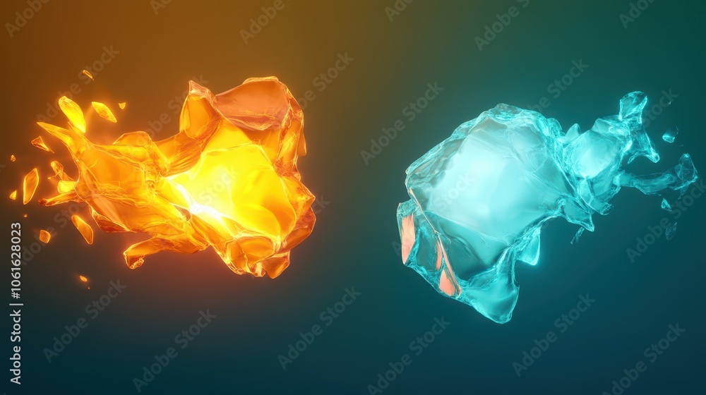 Fototapeta premium A vibrant image showcasing contrasting elements of fire and water, represented by dynamic, glowing splashes in orange and blue against a dark background.
