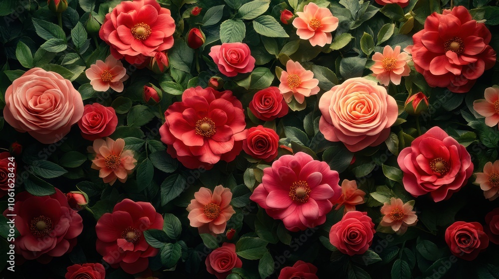 Obraz premium Natural fresh red and pink roses flowers pattern wallpaper. top view, Red and pink roses flowers wall background. 