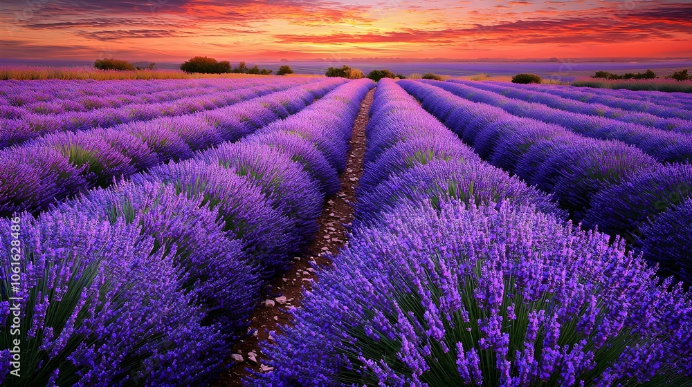 Obraz premium Majestic Sunrise Over Lavender Fields in Bloom (Landscape Photography)