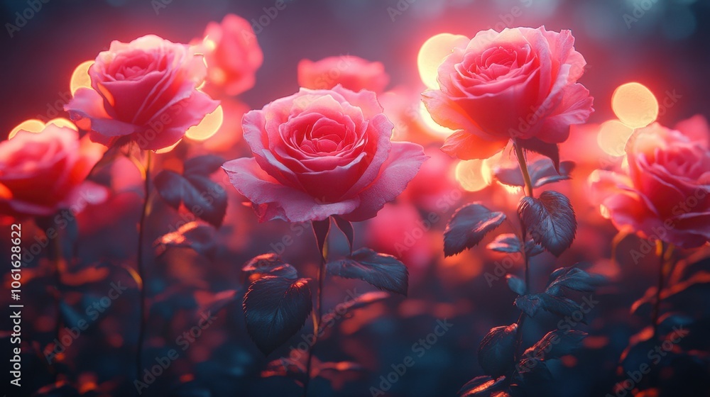 Obraz premium Pink and red roses arranged against a vibrant neon background, styled for Valentine's Day. The rich colors of the roses pop against the glowing backdrop, creating a romantic and festive atmosphere. 