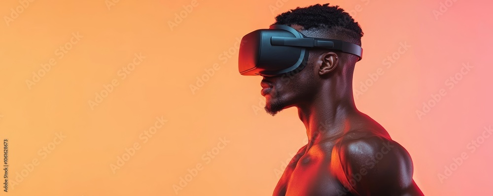 Athlete in a VR fitness room, holographic workout partner and futuristic exercise gear, virtual fitness, energy and technology Athlete in a VR fitness room, holographic workout partner and futuristic exercise gear, virtual fitness, energy and technology