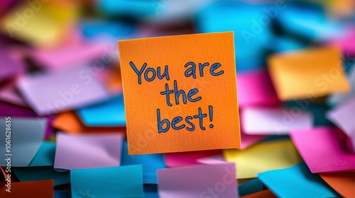 This vibrant image features an orange sticky note with the uplifting message 'You are the best!' amidst a sea of multicolored note pads. photo