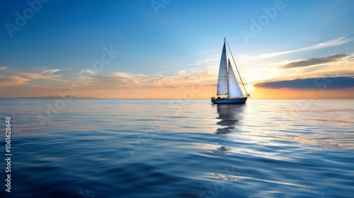 A serene sailboat glides on tranquil waters under a vibrant sunset, embracing freedom and peace amidst the vastness of nature.