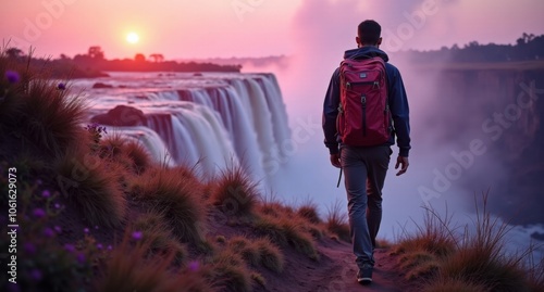 Trailblazer male model at Victoria Falls, Zambia/Zimbabwe, a national geographic photo featuring rich purples and lavenders, captured in 8k with Hasselblad X1D. photo